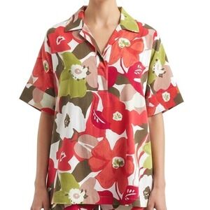 Natori Womens Floral Print Top Collared Blouse XL Resort Cruise Boho Tropical